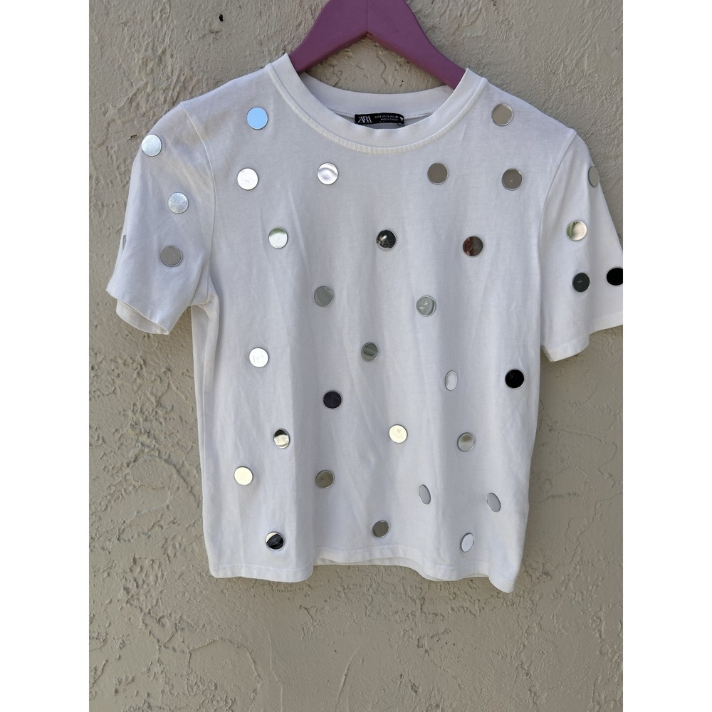 Zara White Mirror Disc Embellished Short Sleeve T-Shirt Crew Neck Top Medium
